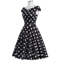 Belle Poque Retro Vintage Polka Dots Kappe Hülse V-Ausschnitt Baumwoll Swing Kleid BP000292-1